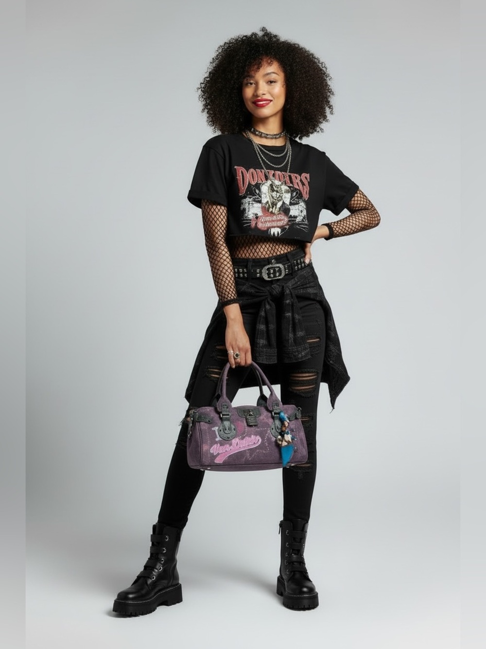 Von Dutch Purple and Black Satchel with Blue Accent Scarf